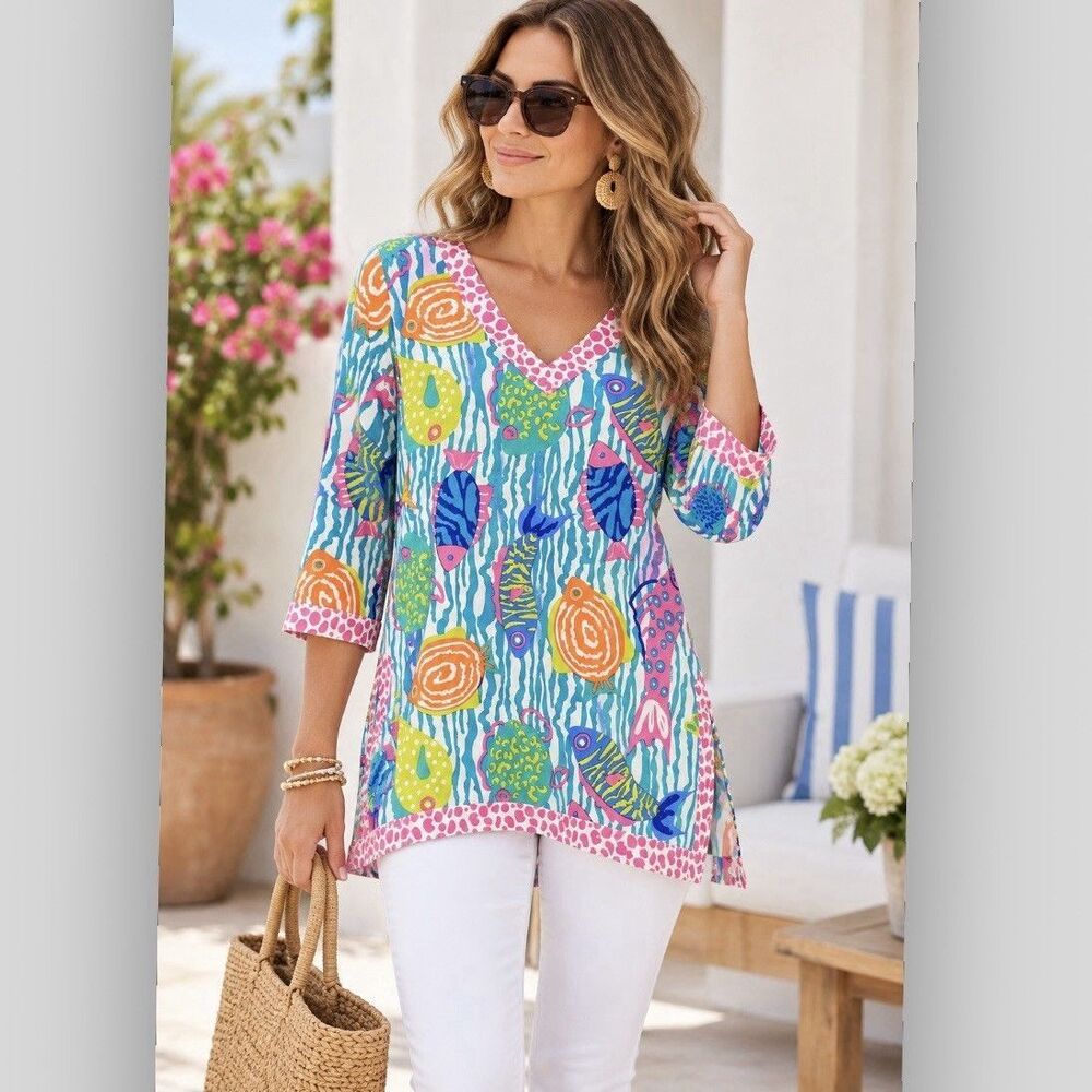 Gretchen Scott Designs Women’s Small Tropical Fish Print Cotton Tunic Top